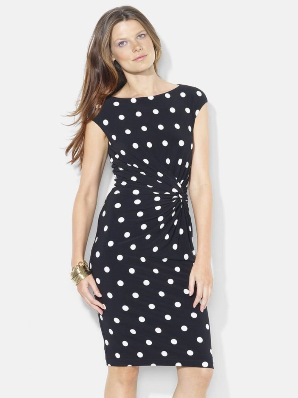 Lauren Ralph Lauren Knot Front Print Jersey Sheath Dress in Polka Dot - sz 16